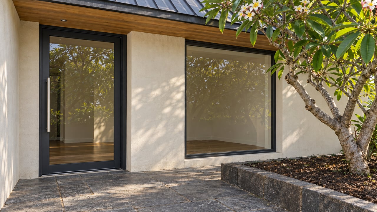 Sheltered contemporary glass entry with timber soffit, volcanic-stone landing, and a sculptural plumeria tree.