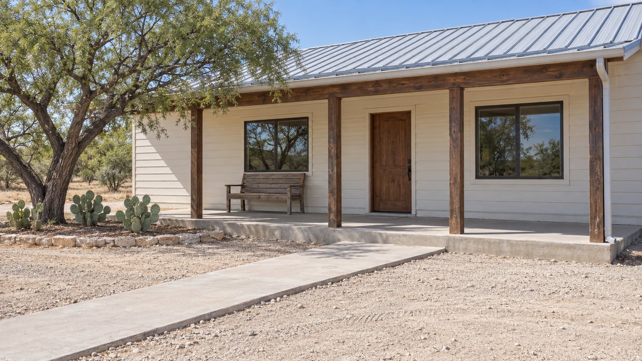 A practical ranch home with a shaded timber-post porch, pale caliche approach, and a mature mesquite tree.