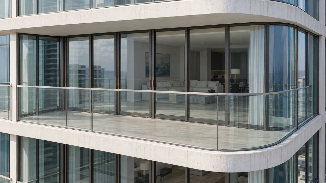 Curved condo balcony with a glass railing, closed sliding doors, and a concrete balcony above.