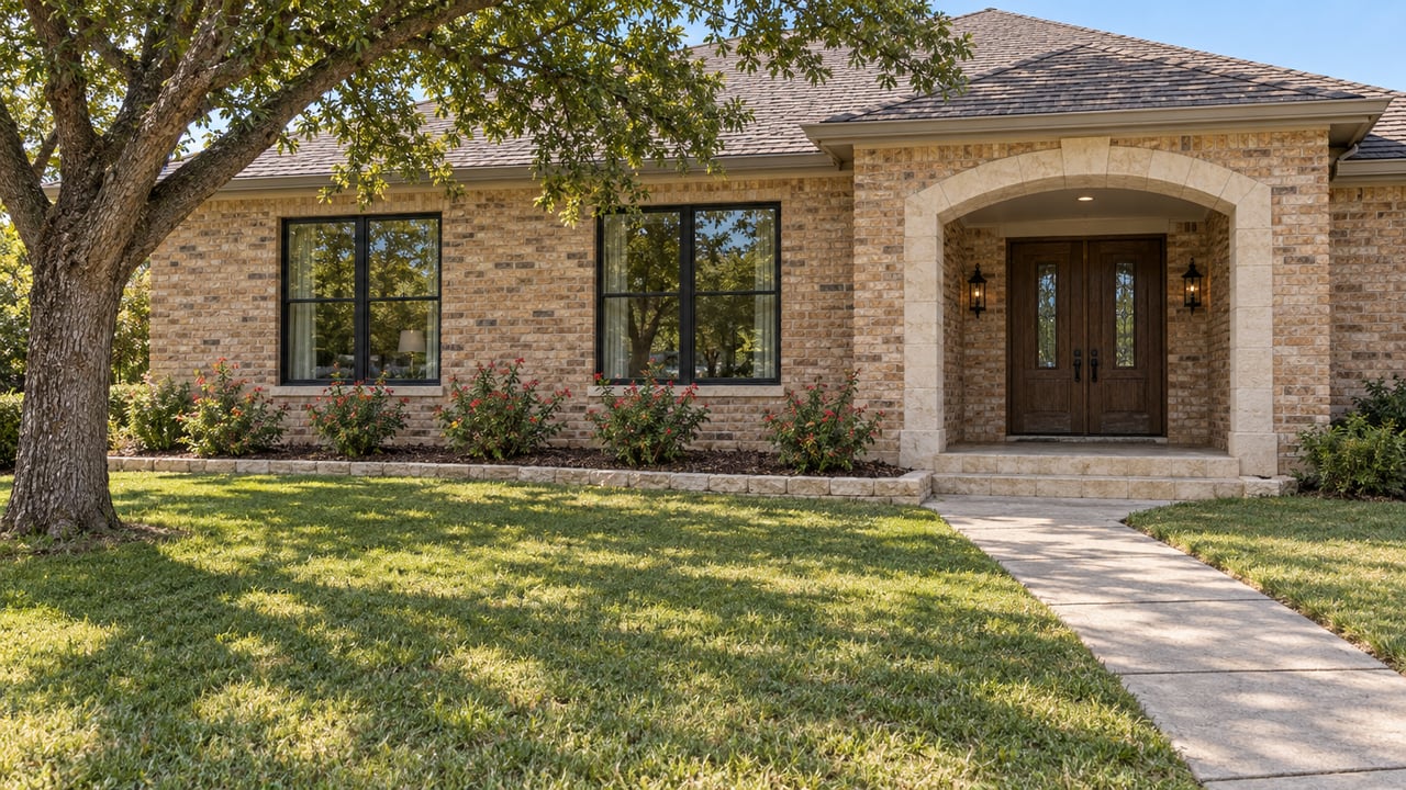 Warm brick home with a limestone arched entry, paired wood doors, mature oak, and broad front lawn.
