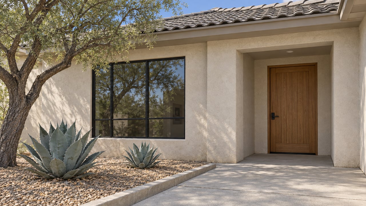 Pale stucco home entry beneath a gray tile roof, with an ironwood tree and two agaves beside a concrete walk.