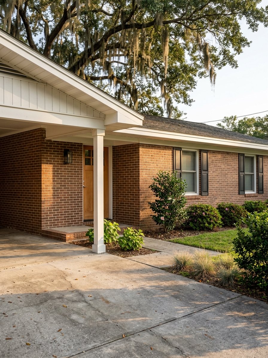 Brick ranch with a side-entry carport beneath a live oak at golden hour.