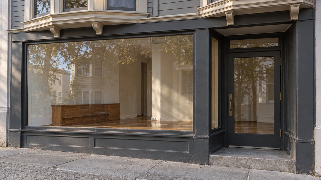 Close view of a gray-painted mixed-use building with a glazed storefront, recessed entrance and cream-trimmed residential bay above a sloping sidewalk.