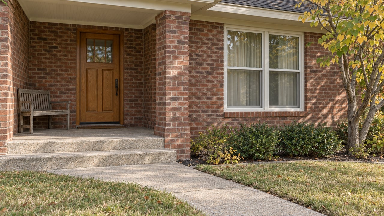 A weathered brick home's covered porch, wood front door and oak bench beside a white-framed window and autumn redbud.