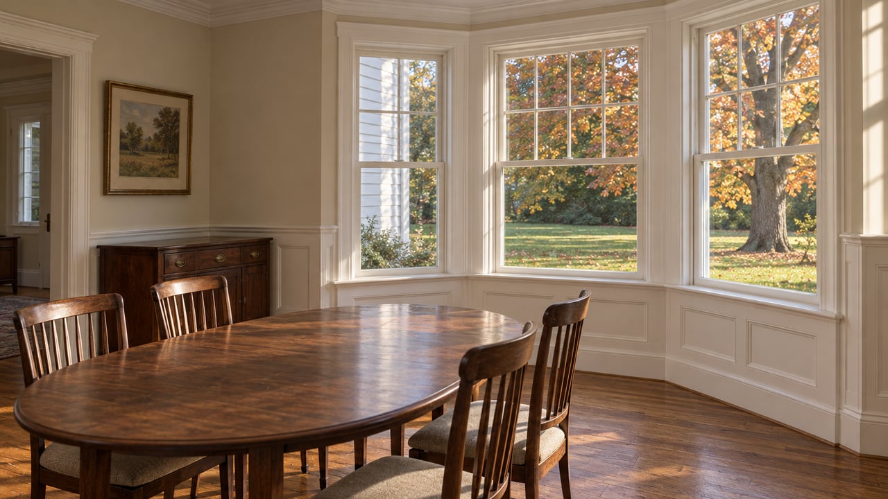 Late-afternoon light crosses a walnut dining table and white paneled window bay overlooking an autumn lawn.