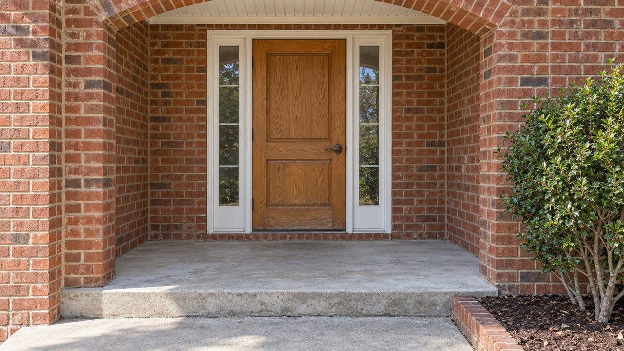 A red-brick home's recessed entry with a warm oak door, matching sidelights, and a concrete stoop beside a single yaupon holly.