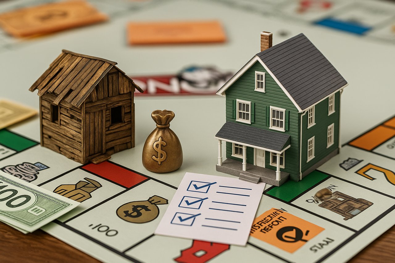 Realistic Monopoly board setup showing a miniature green suburban home and a wooden shack side by side, surrounded by money icons, a checklist, and property cards—representing hidden costs in Oregon real estate.