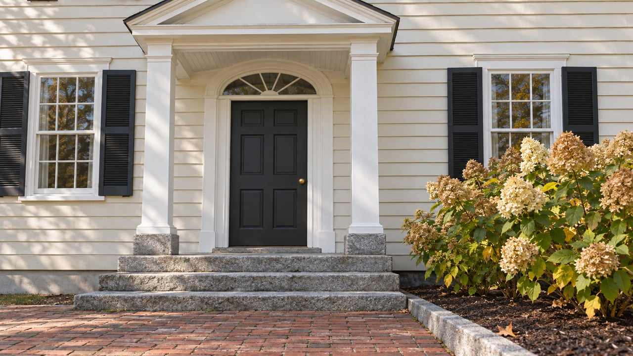 Ivory clapboard entry with a white pedimented portico, black paneled door and fanlight, granite steps, brick walk, and autumn hydrangea.
