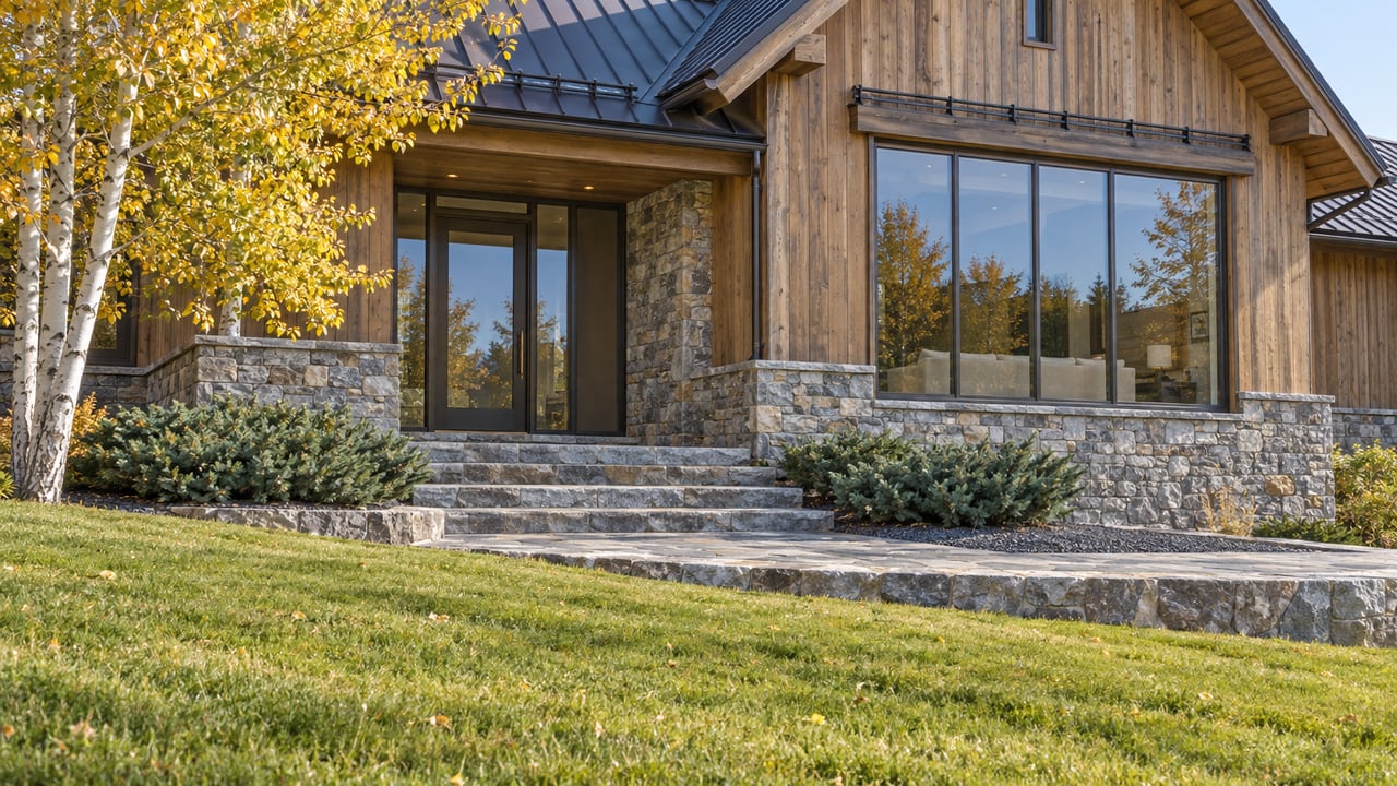 Modern timber-and-stone home with broad entry steps and golden autumn trees.
