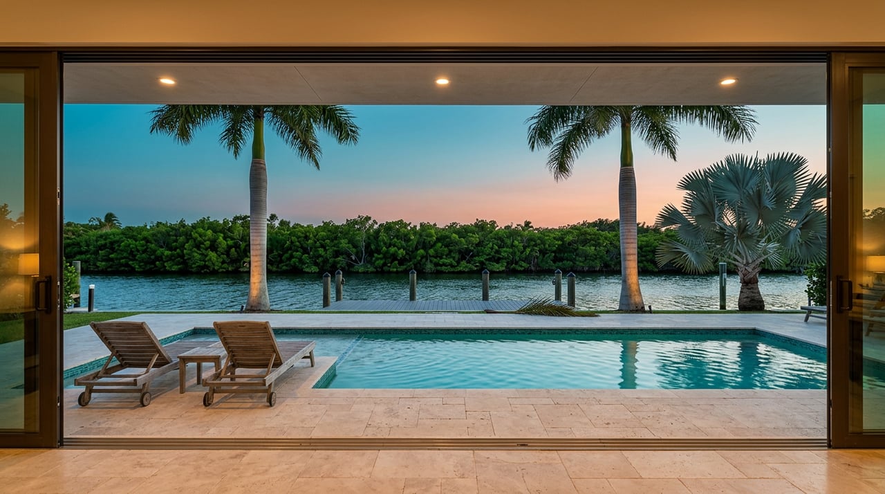 Waterfront lanai at dusk, with a turquoise pool, teak lounge chairs, royal palms, and a canal beyond.
