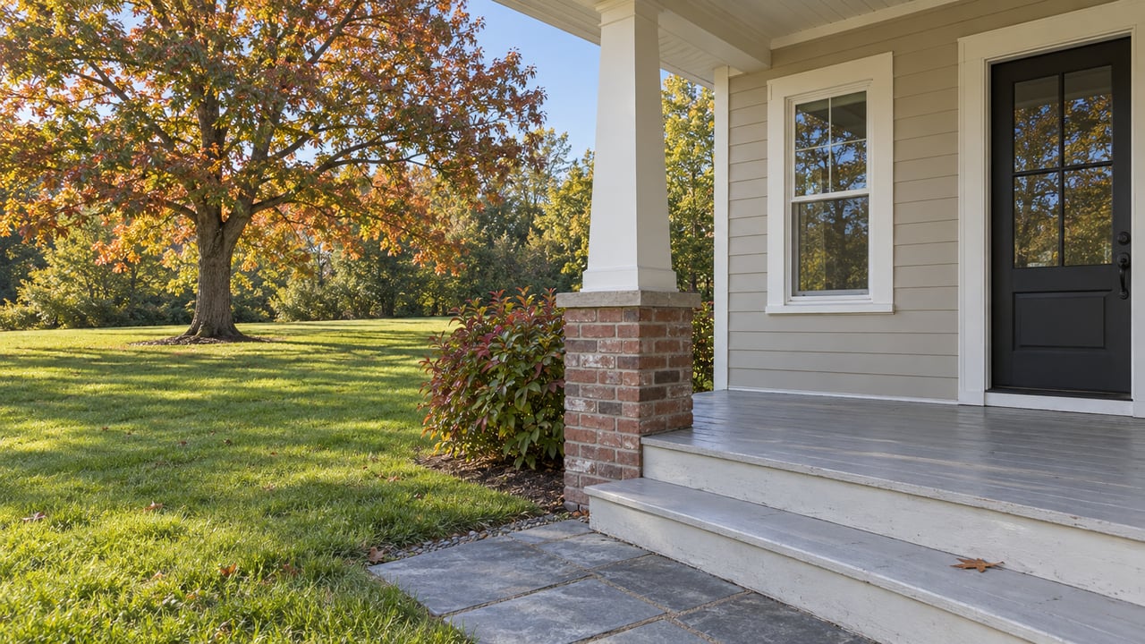 Covered porch with worn wooden boards overlooks a broad lawn and copper-leaved oak beside a beige house.