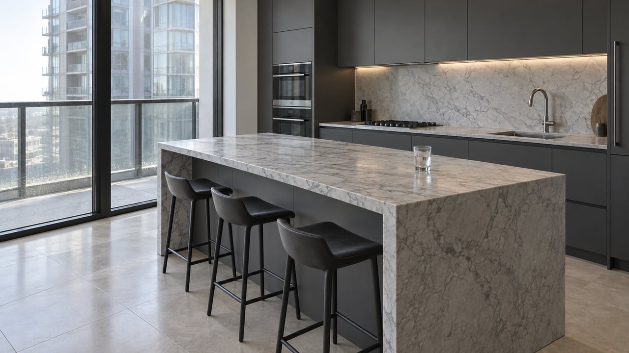 Kitchen island with pale gray marble, charcoal cabinetry, and a glazed wall opening onto a narrow balcony.