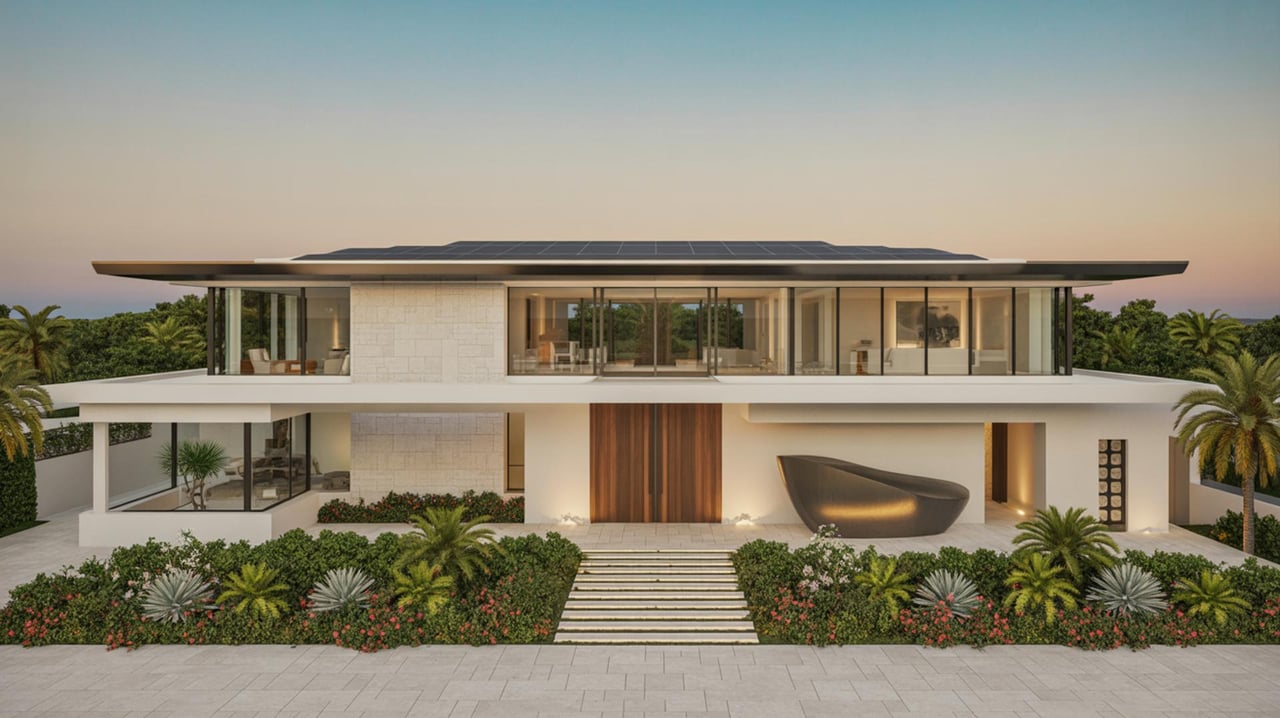 Modern two-story home with a flat roof, central wood door, broad windows, and landscaped gardens.