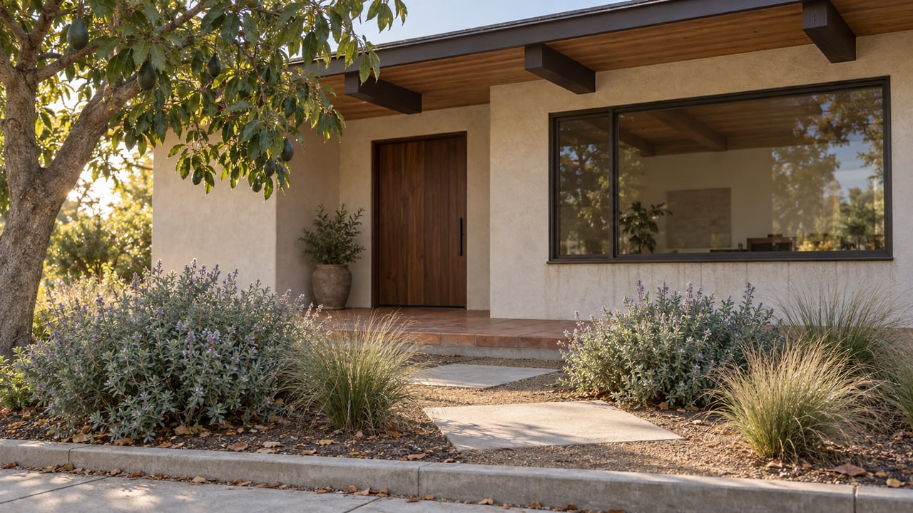 Single-story stucco house with a walnut-toned entry door, dark-framed window, and leafy front planting.