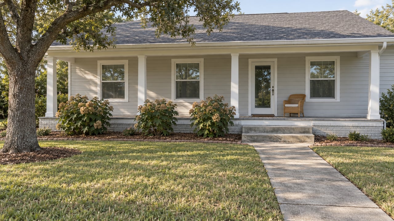 Pale gray single-story home with a shaded white-columned porch, broad front lawn, concrete walk and a spreading live oak.