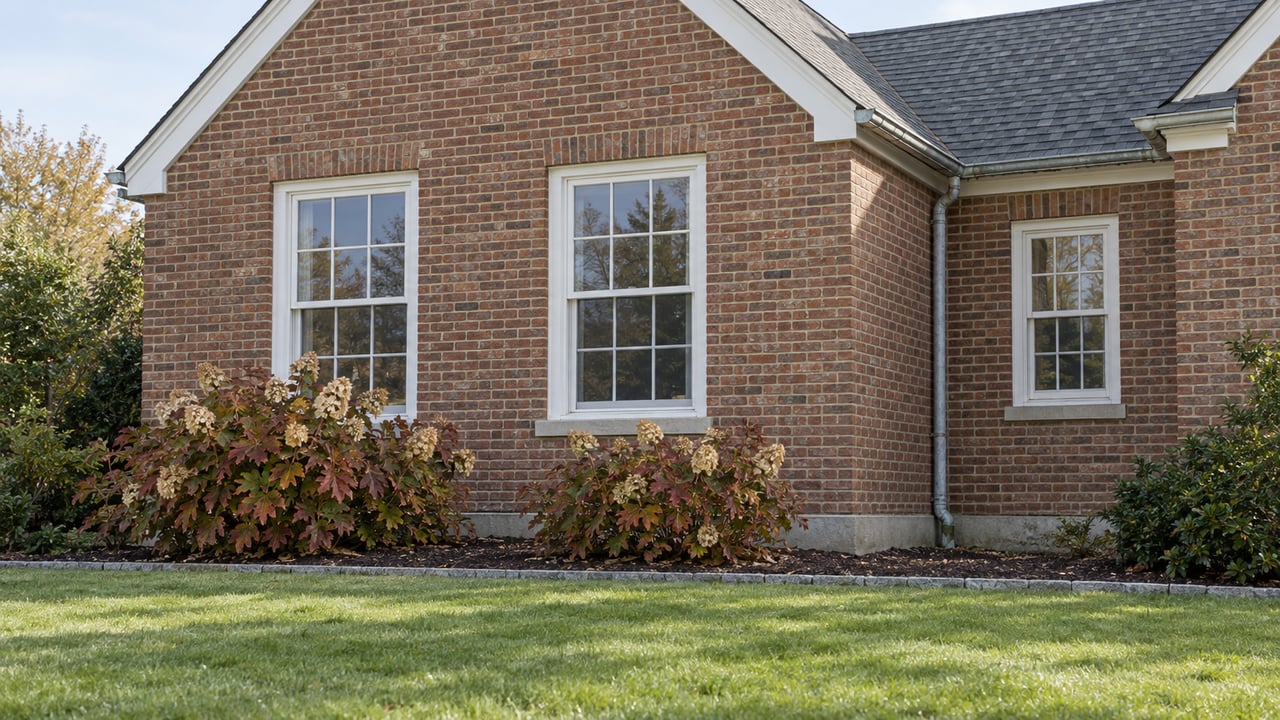 Brick home with white-trimmed sash windows, a gray shingled gable and autumn oakleaf hydrangeas above a broad lawn.