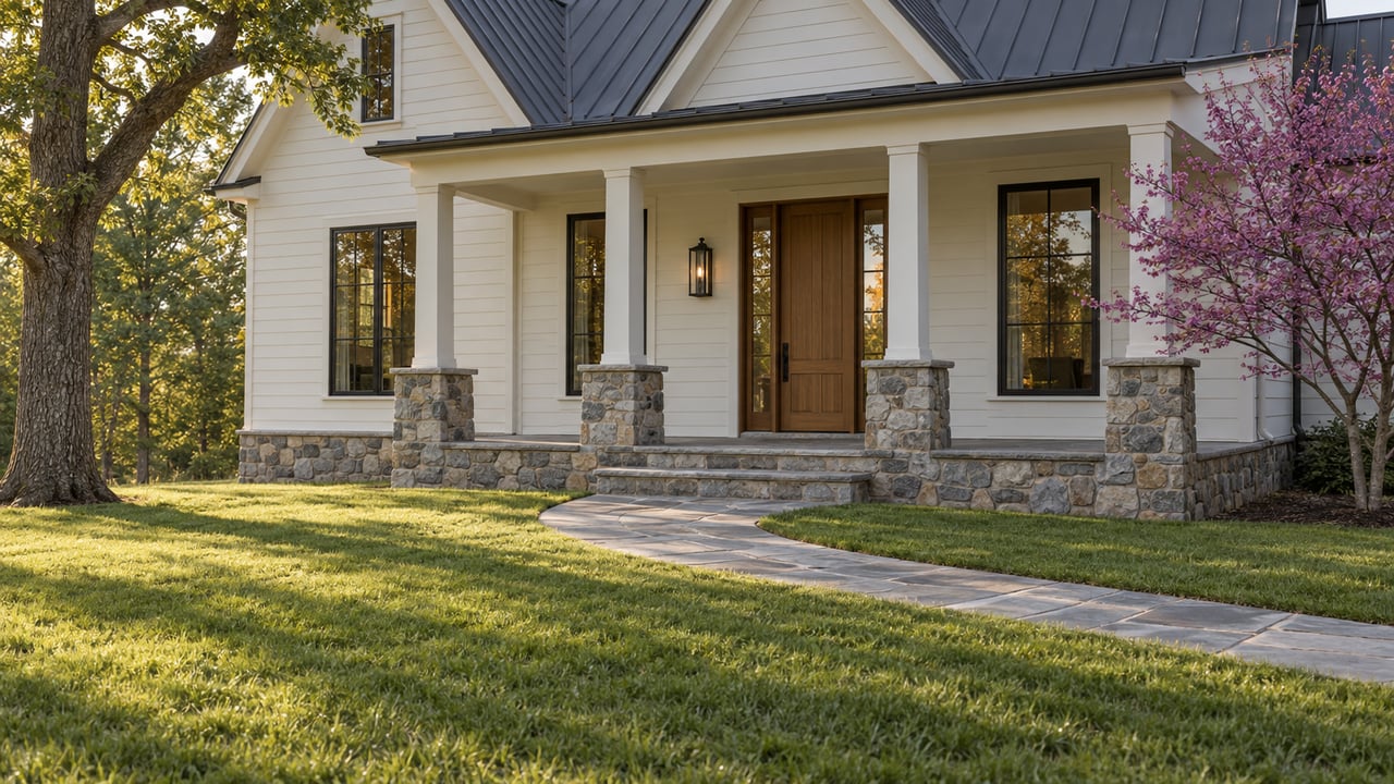 Off-white house with charcoal roof, fieldstone foundation, oak door, and curved bluestone walk across a sloping lawn.
