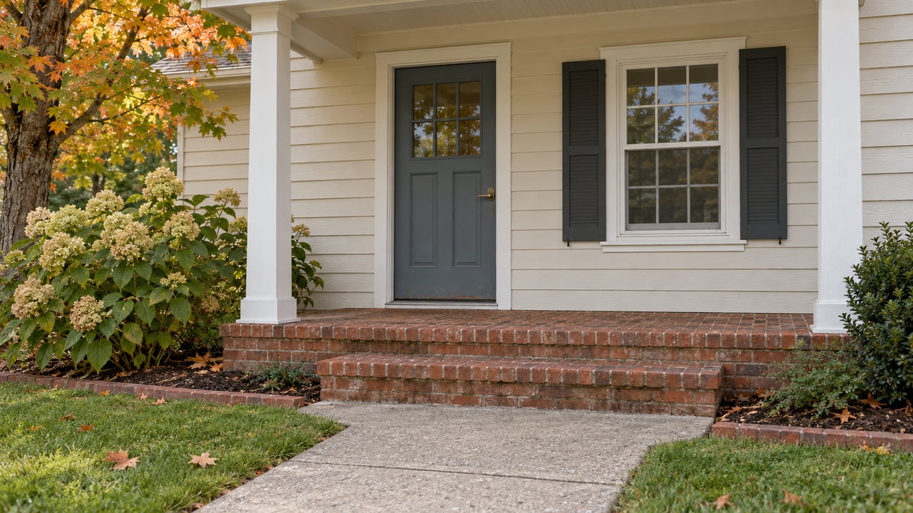 Ivory clapboard home with a blue-gray front door, brick porch steps, and autumn planting.