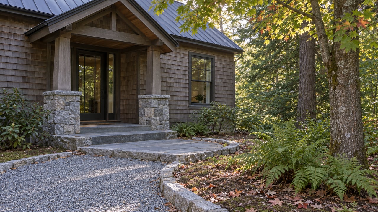 Cedar-clad house entry with bluestone steps beside a maple and ferns on a wooded lot.