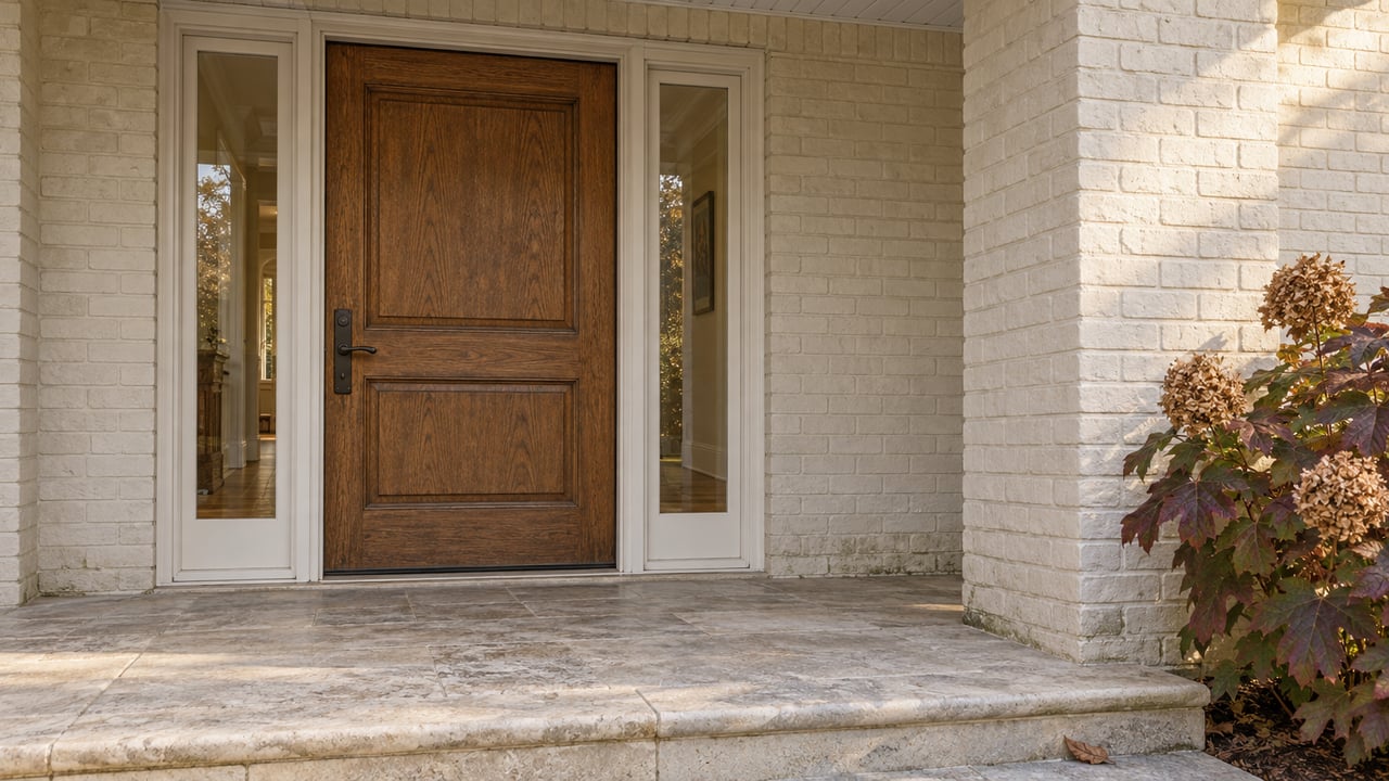 An oak front door with paired glass sidelights, ivory painted brick and worn limestone steps beside autumn oakleaf hydrangea.