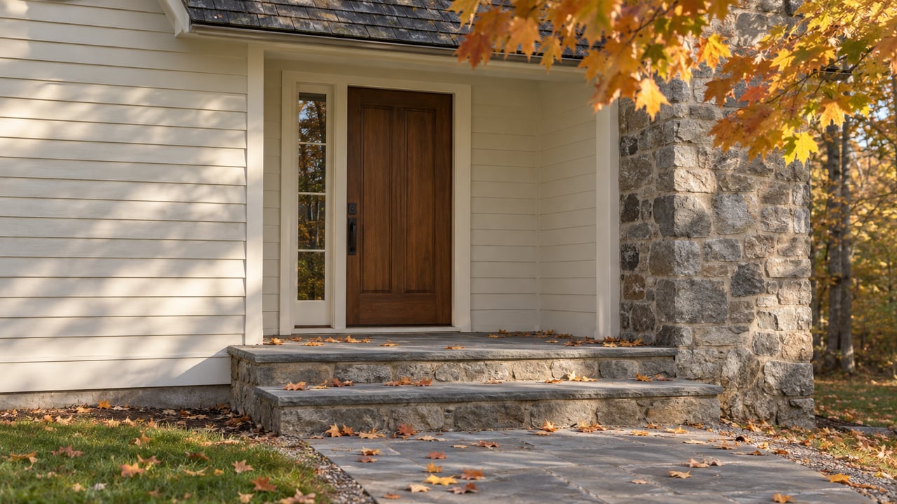 Recessed walnut entry with a narrow sidelight, bluestone steps, and copper-yellow maple leaves overhead.