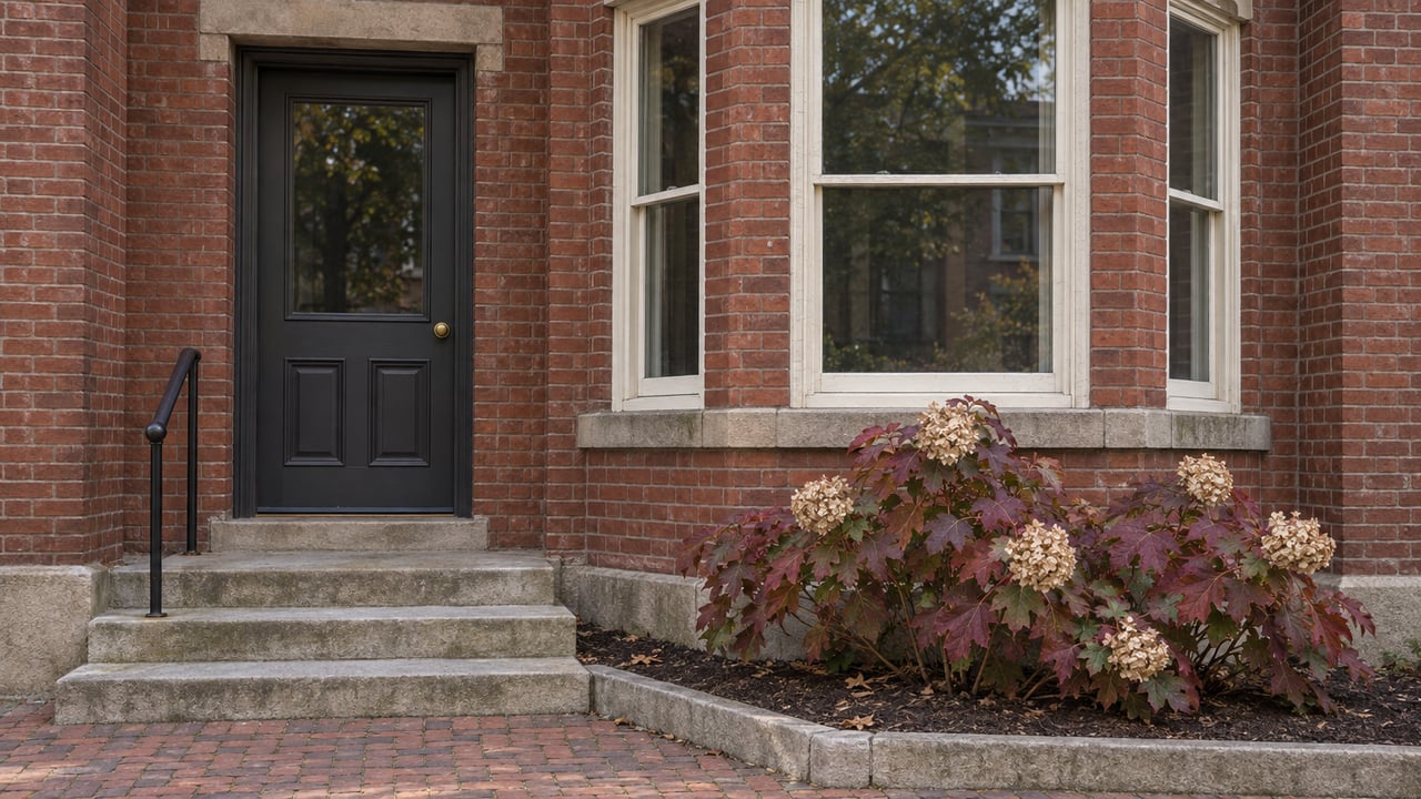 Weathered red-brick townhouse entry beside an ivory sash-window bay, with limestone steps and an autumn oakleaf hydrangea.