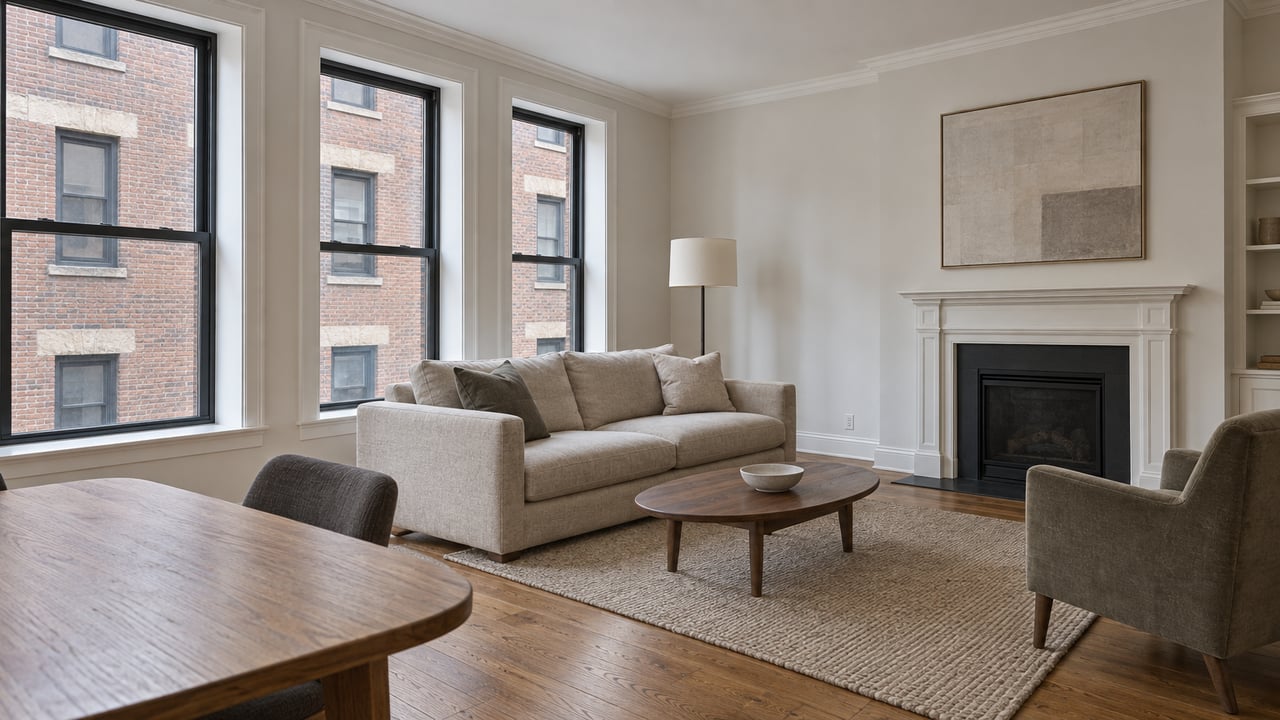 Bright condominium living room with oak flooring, tall black-framed windows, a linen sofa and a white fireplace surround.