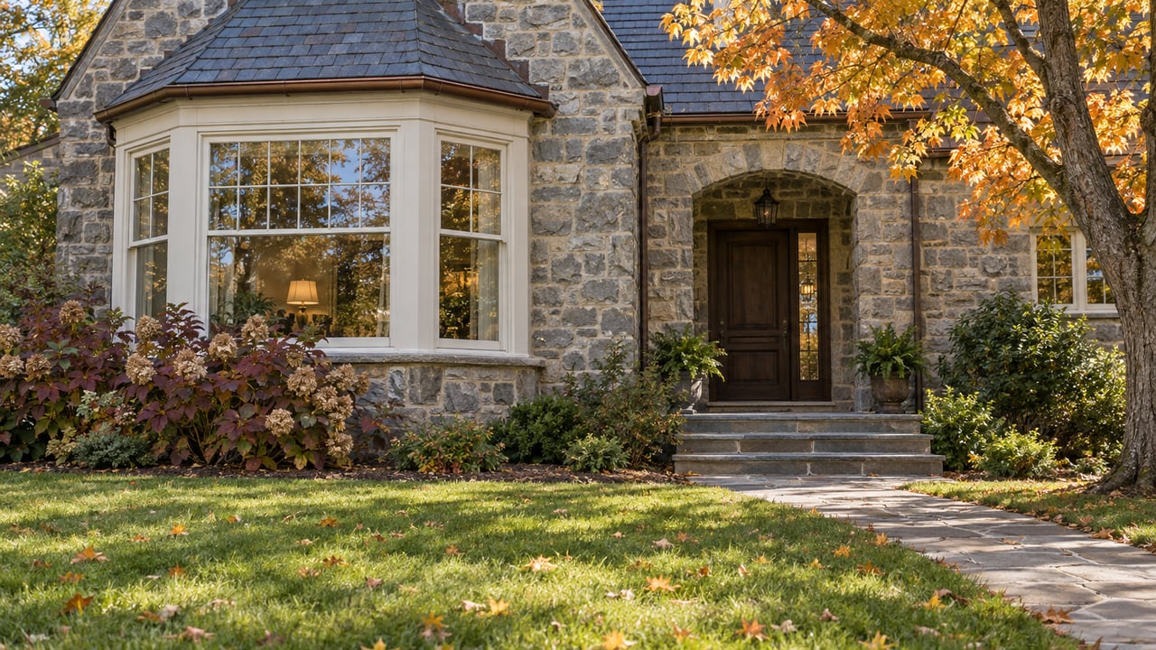 Stone home with a slate gable, white-framed bay window and recessed oak entry beyond a deep autumn lawn and bluestone approach.