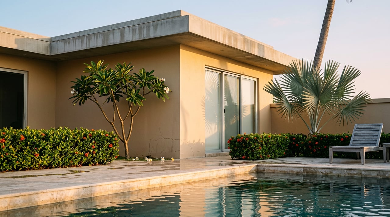 Stucco villa corner beside a rippling pool, with a silver-blue fan palm and red-orange ixora flowers.