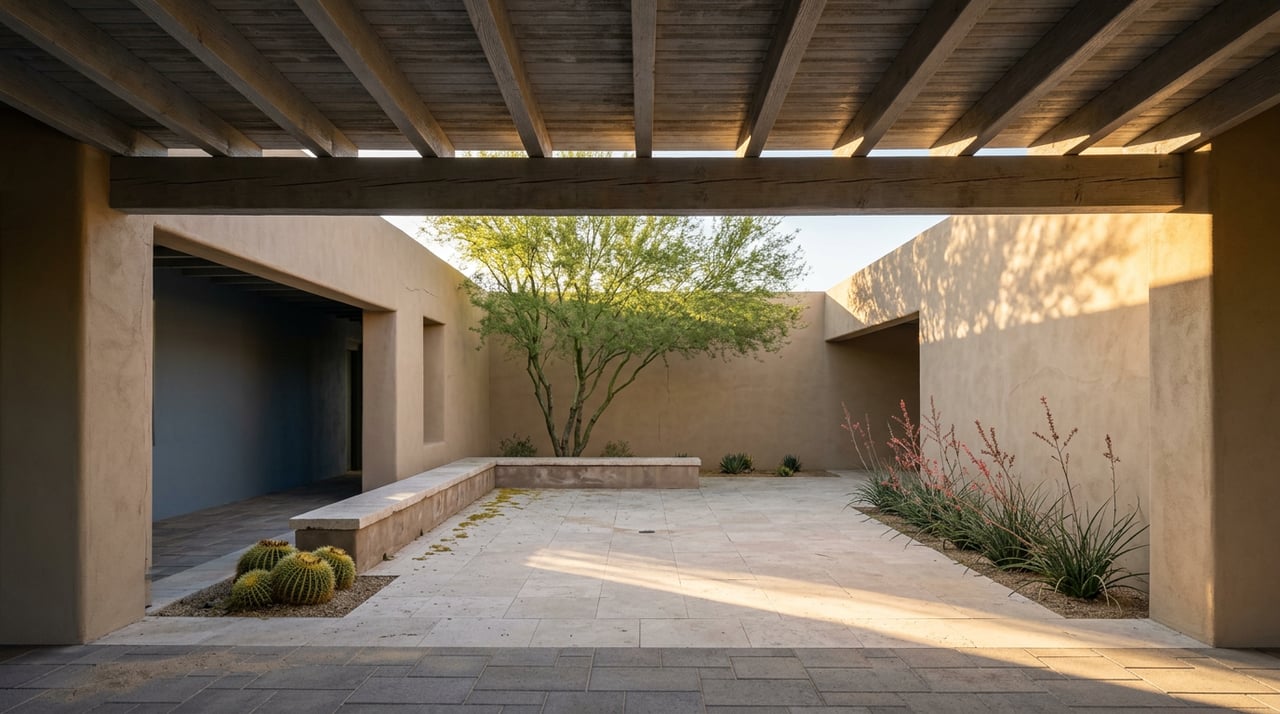 Stone courtyard framed by a shaded loggia, with exposed wood beams, a palo verde tree, and desert plants.