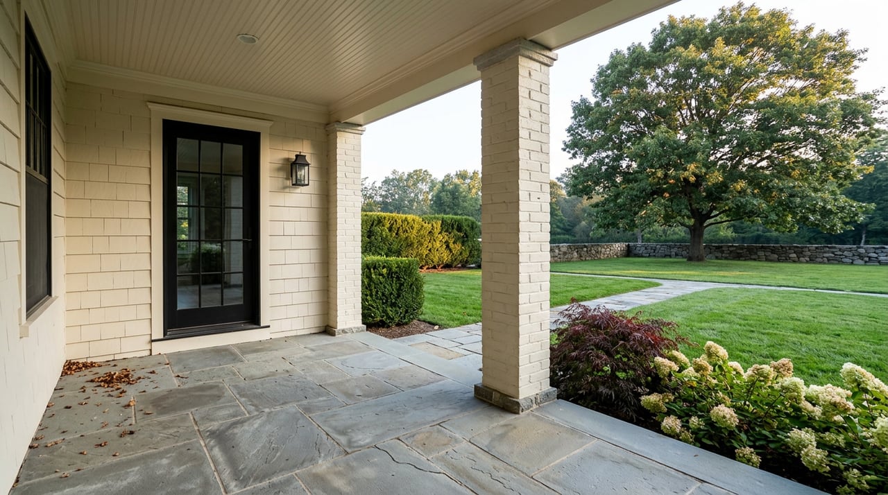 Covered porch with stone flooring and brick columns overlooking a lawn, fieldstone path, oak, and clipped hedge.