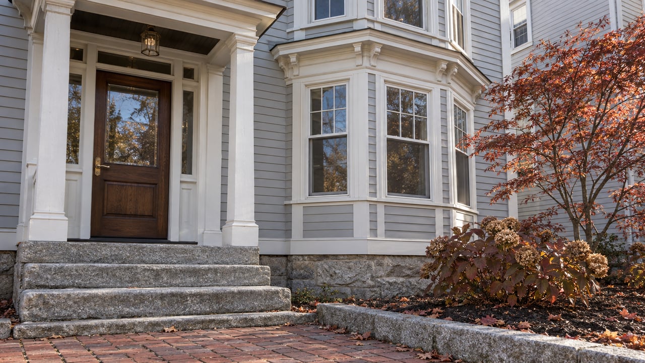 Gray clapboard home with a glazed oak entry, white-trimmed bay windows, worn granite steps and copper-red autumn leaves.
