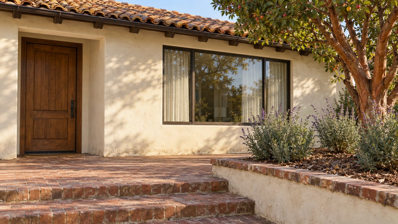 Warm sunlight crosses a stucco home with a clay tile roof, oak front door, bronze-framed window, and worn brick terrace beside a strawberry tree and Cleveland sage.