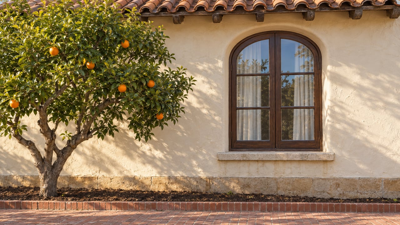 Sunlight on a cream stucco facade with a tall arched wood window, weathered clay tiles, and a mature mandarin tree beside a brick garden walk.