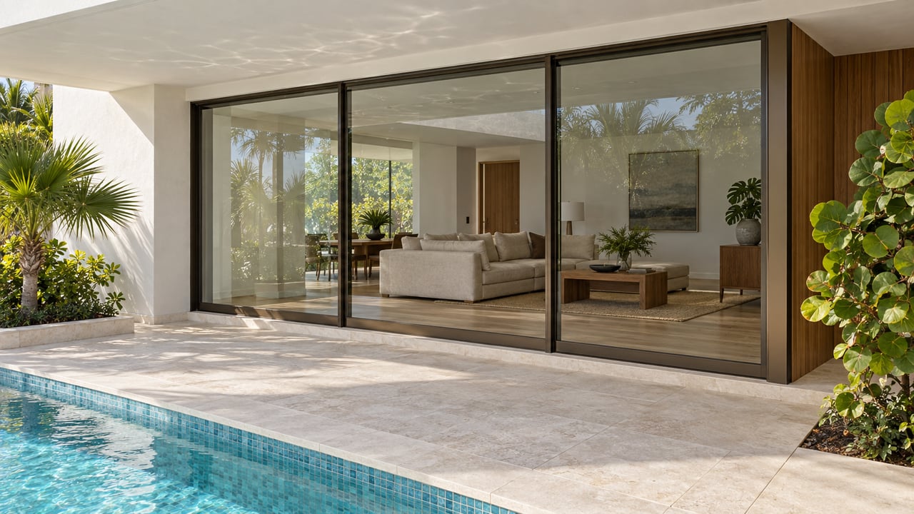 Closed bronze-framed glass doors overlook a limestone terrace and turquoise pool beside a white-plaster living room.