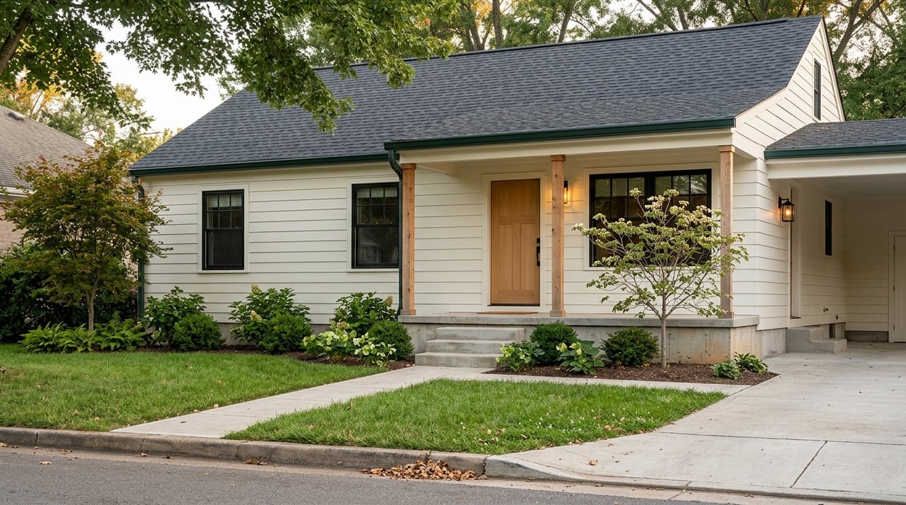 Ranch-style home with a carport and porch beneath a leafy tree canopy.