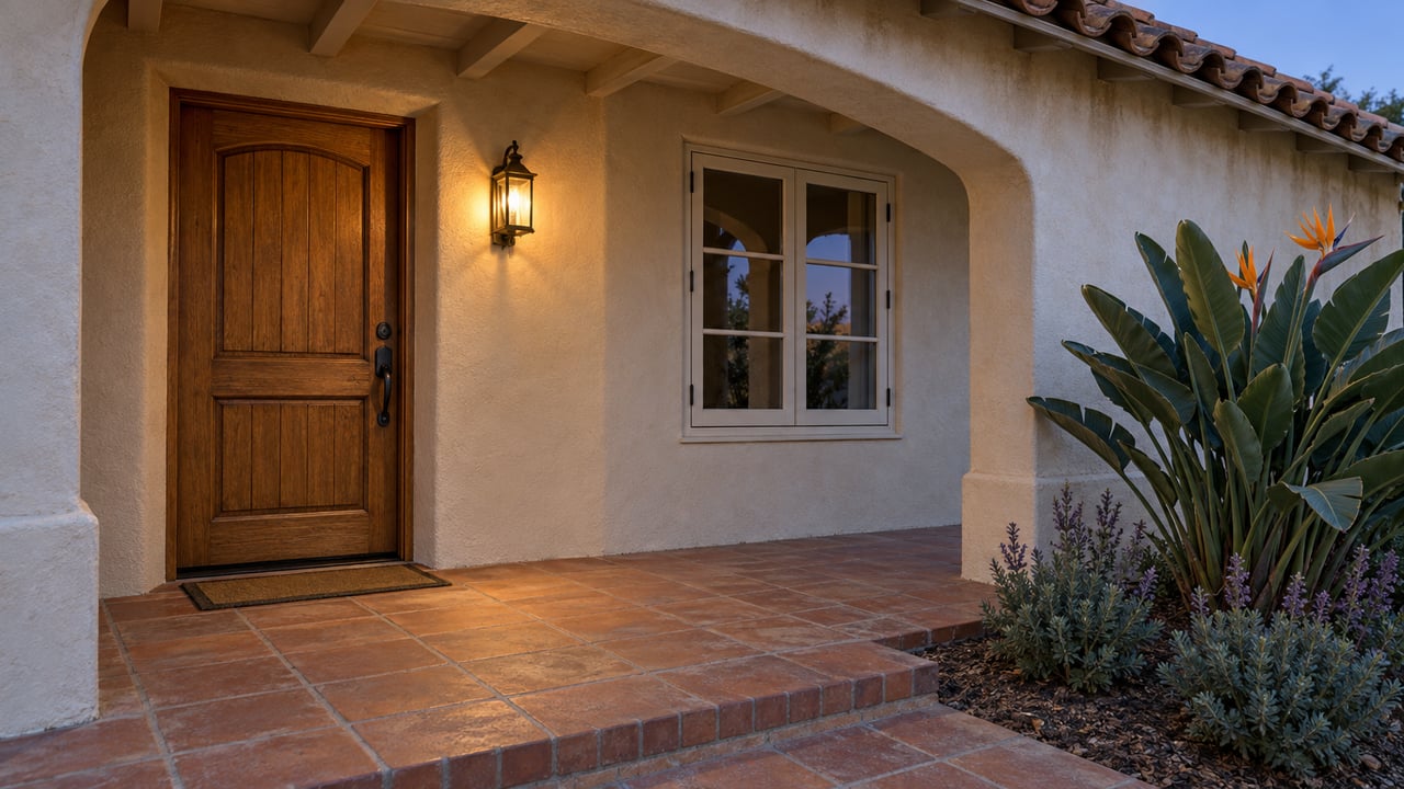 An ivory stucco entry porch at dusk with an oak door, clay tile roof, terracotta steps and flowering bird of paradise.