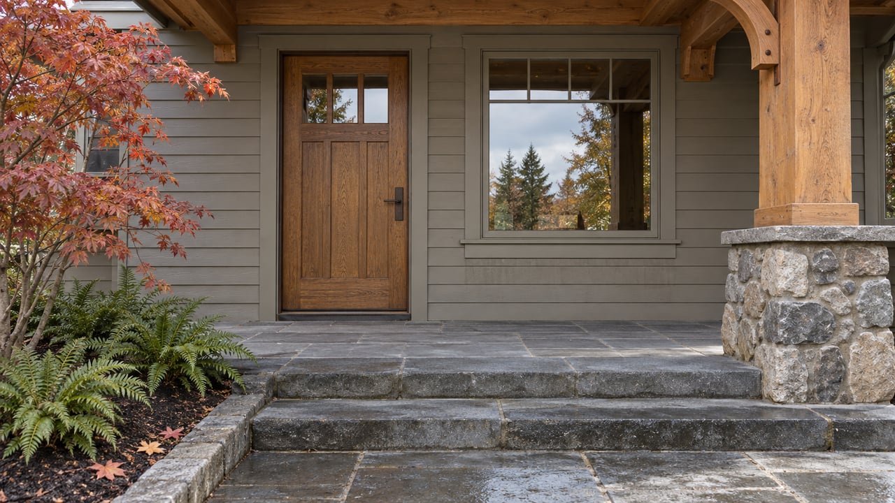 Covered wood entry with exposed timber joinery, damp stone steps, and copper-red maple leaves beside a planted bed.
