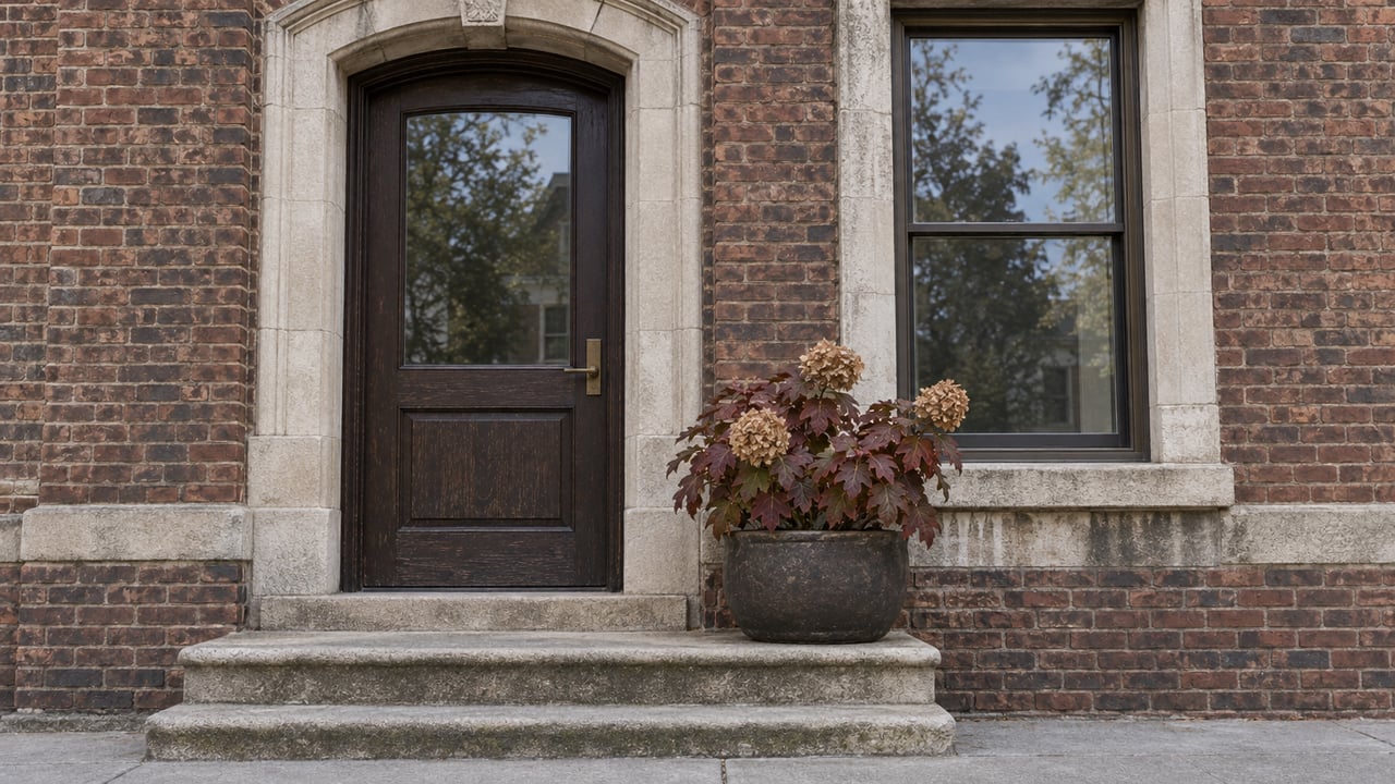 Weathered red-brick residential entrance with an arched limestone surround, oak door, tall window and autumn oakleaf hydrangea in a clay planter.