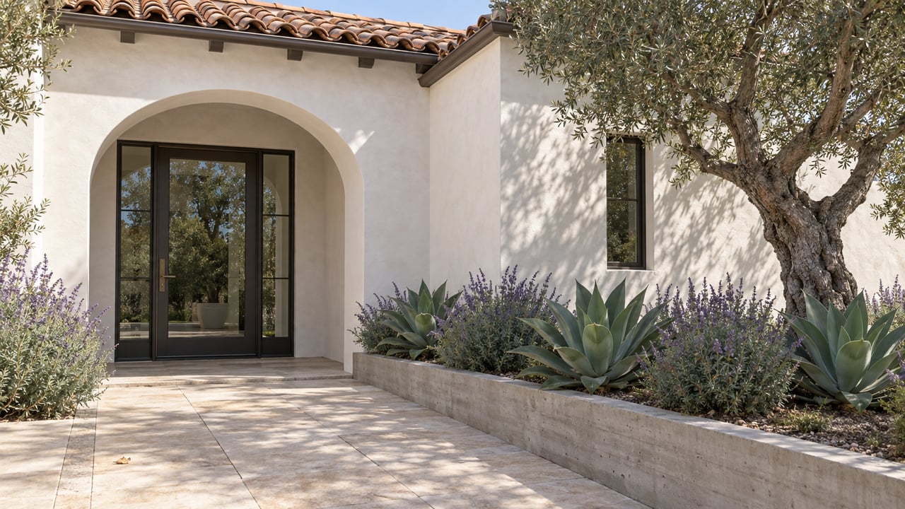 White-stucco arched entry with a dark bronze-framed glass door, terracotta roof tiles, and an olive tree.