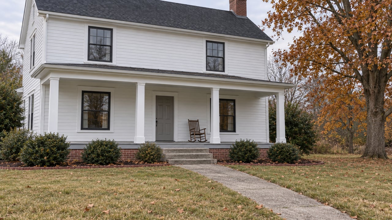 White clapboard home with black-framed windows, a covered porch and a concrete walk across a deep autumn lawn beneath a sugar maple.