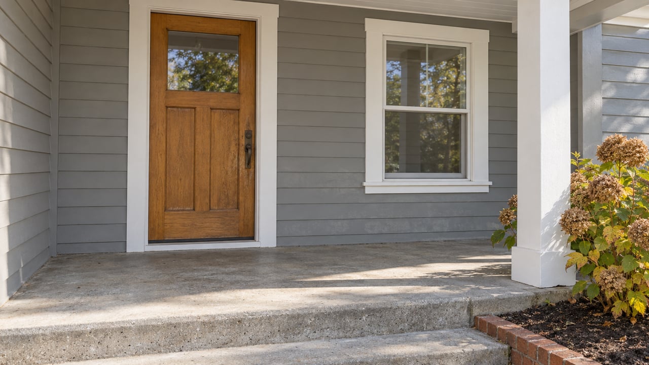 Sunlit bungalow porch with a wooden front door, gray siding, white trim and autumn hydrangea beside concrete steps.