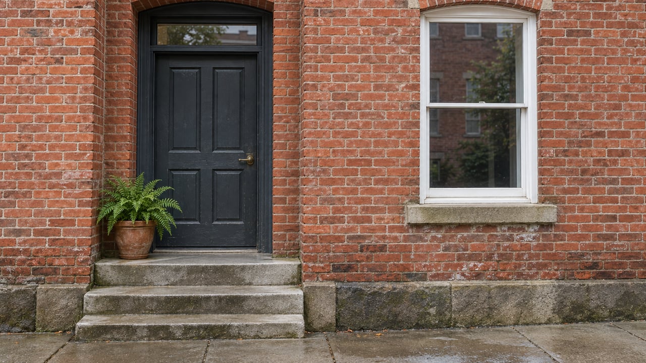 A charcoal wood door and white sash window in weathered red brick above worn limestone steps and a damp sidewalk.