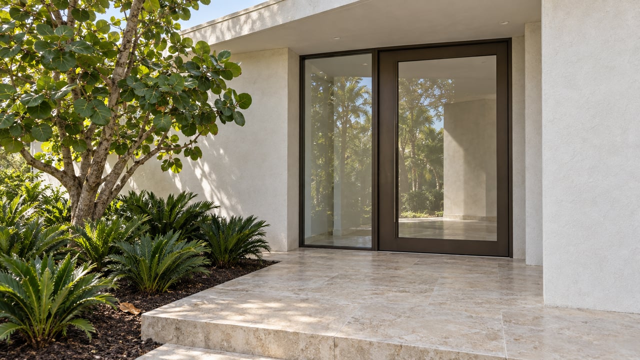 White stucco home entrance with bronze-framed glass door, limestone landing, and a sea grape tree above coontie planting.