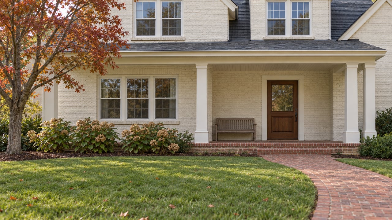 Ivory painted-brick home with a covered brick porch, walnut door, deep lawn and autumn planting.