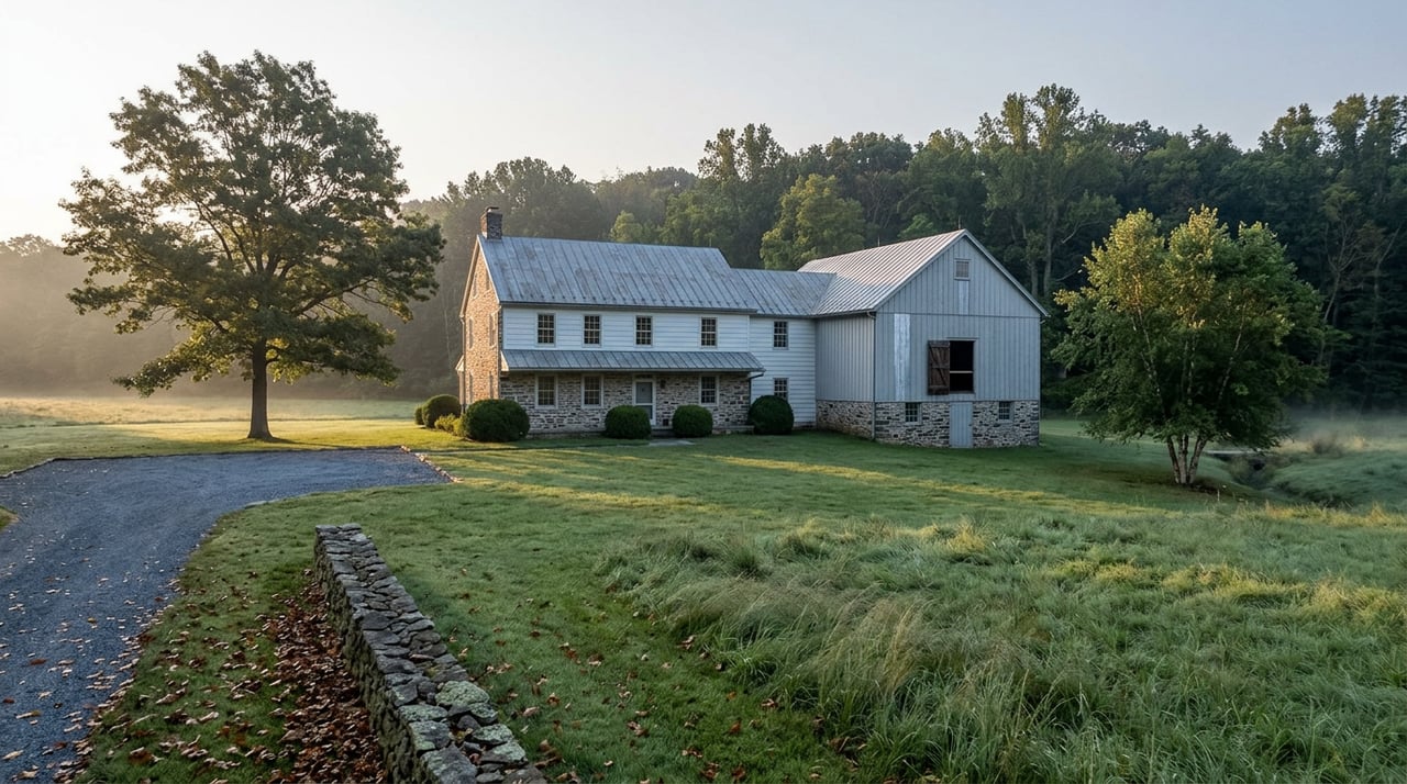 Stone farmhouse and attached bank barn beyond a dew-covered meadow, with an oak tree and hazy hardwood horizon.