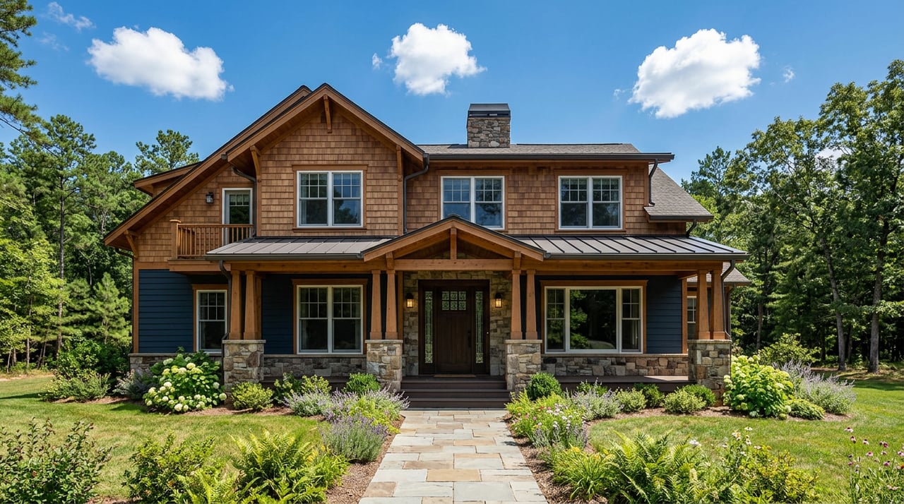 Two-story modern craftsman home with stone accents, porch, and blue sky dotted with white clouds.