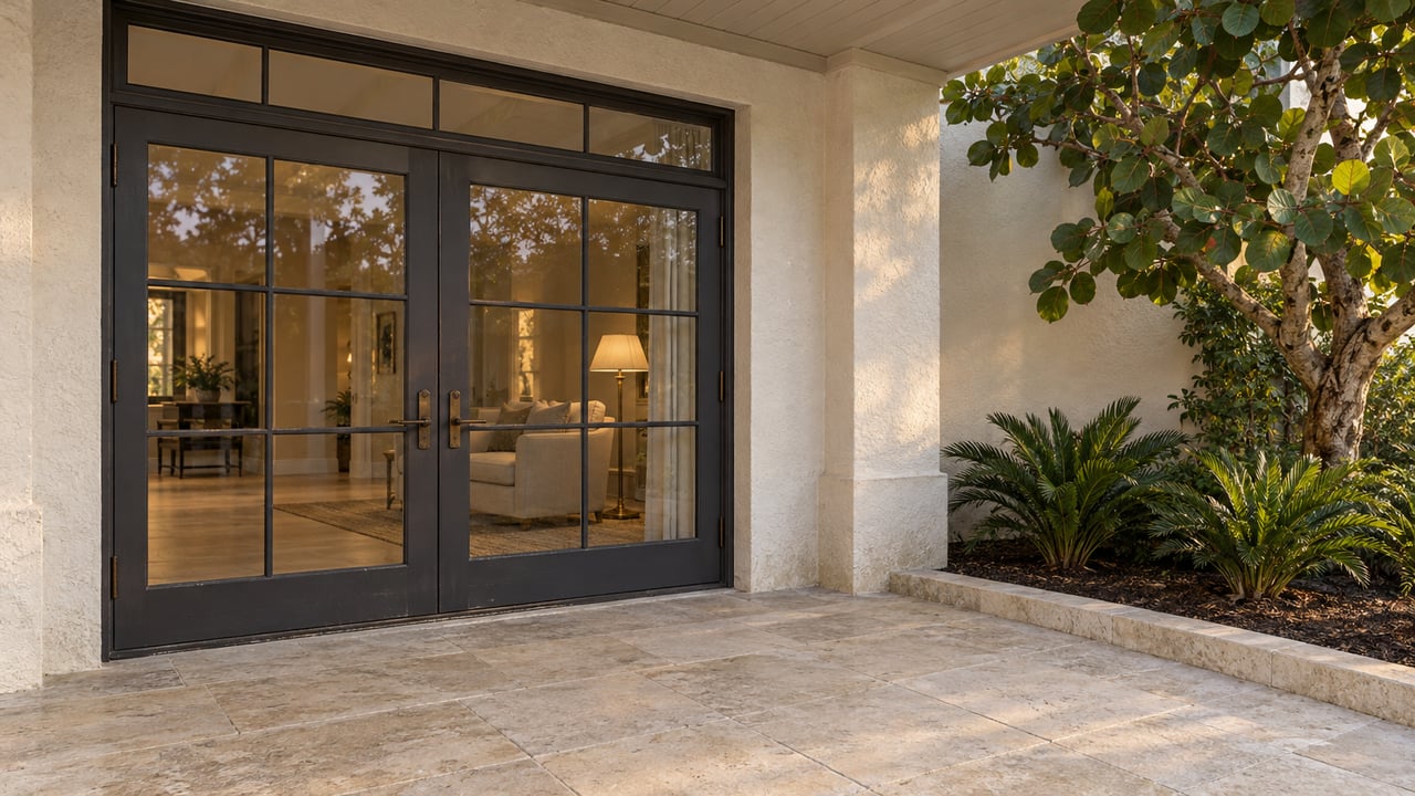 Covered limestone terrace beside white stucco walls and charcoal French doors, with sea grape and coontie planting and a warmly lit sitting room beyond the glass.
