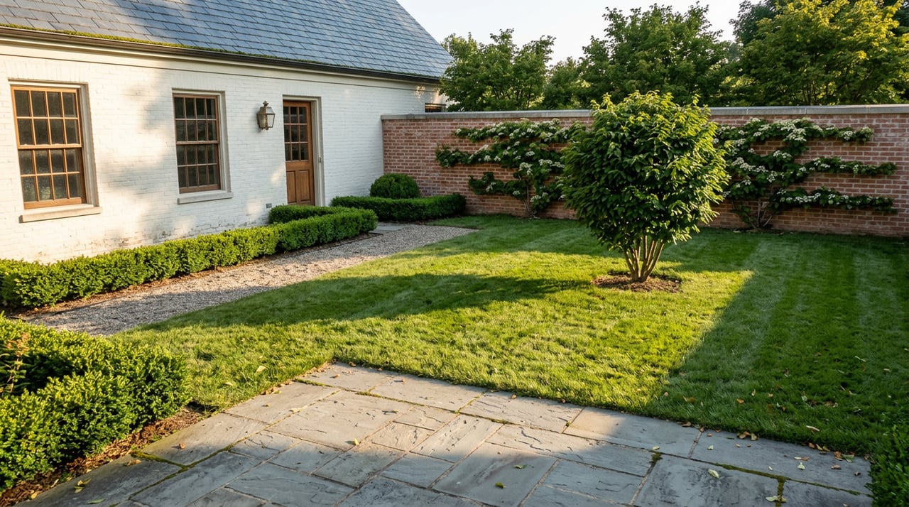 Walled garden with a bluestone terrace, broad lawn, clipped boxwood hedges, and a brick home beyond.