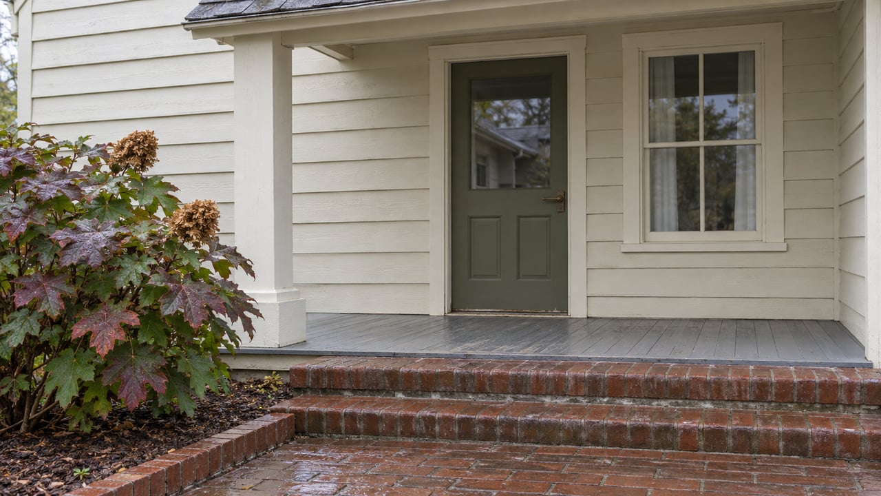 Cream wood-sided cottage porch with an olive glazed door, rain-darkened brick steps and burgundy oakleaf hydrangea.